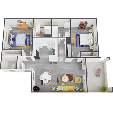 Floor plan for 2 beds, 2 baths, 955 sqft